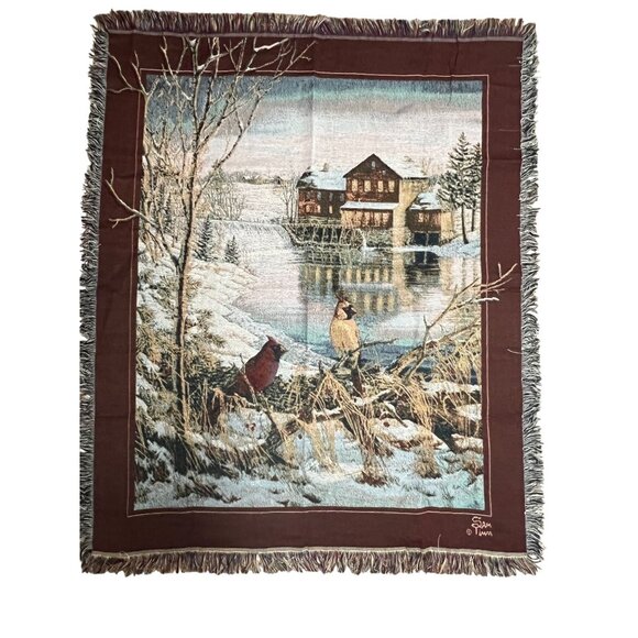 Mohawk Home Other - Tapestry Throw Blanket  Cardinals Winter Scene River Water Mill By Sam Timm USA
